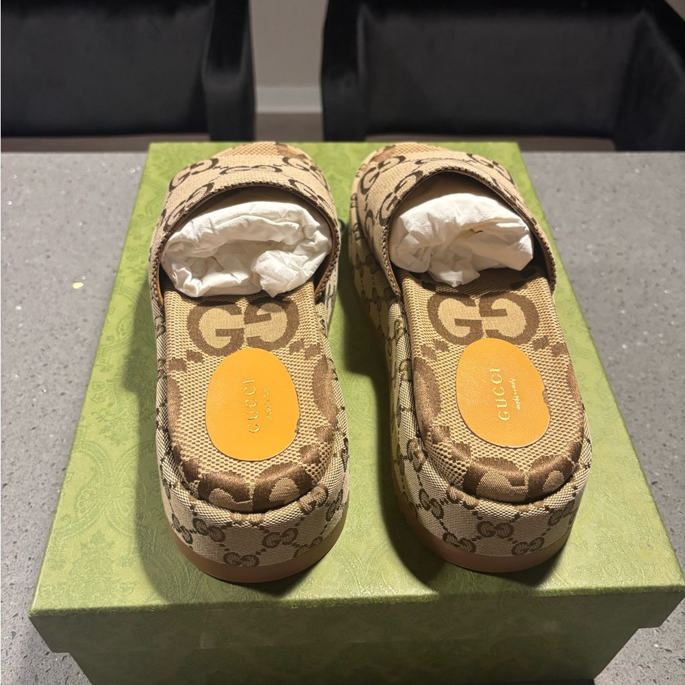 Gucci Women's Tan Monogram Platform Sandals - Picture 3 of 6